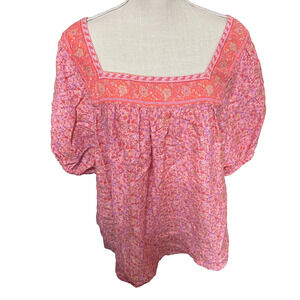 Lucky Brand Peach Pink Blouse babydoll floral fairy Peasant boho top sz XXL